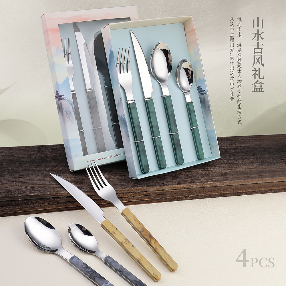 Stainless steel 410 Steak knife and fork Dessert fork and spoon French Bistro abs handle cutlery sets for gift