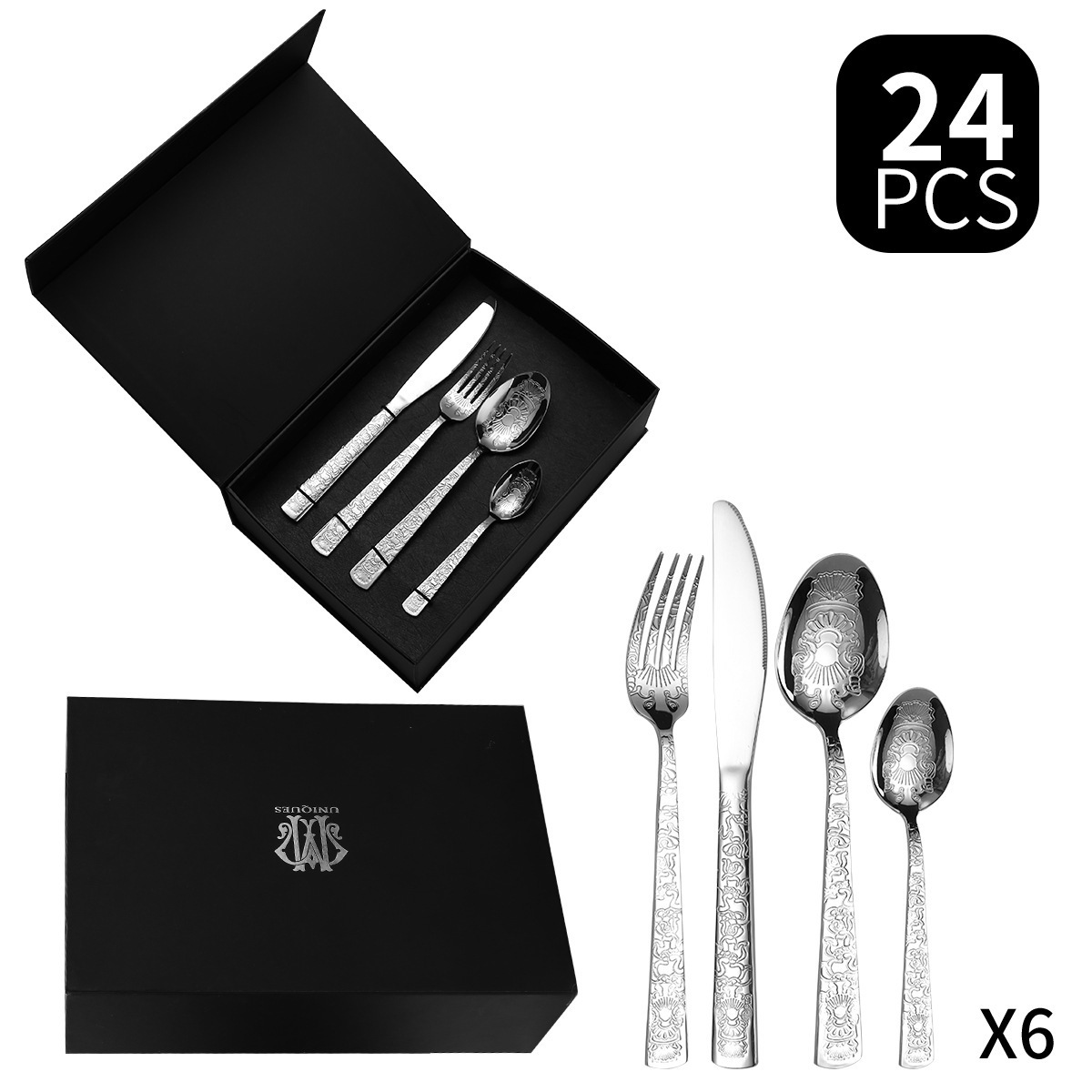 Luxury high quality stainless steel dessert spoon fork set knife matt black gold cutlery set 12 people 24pcs holder for wedding