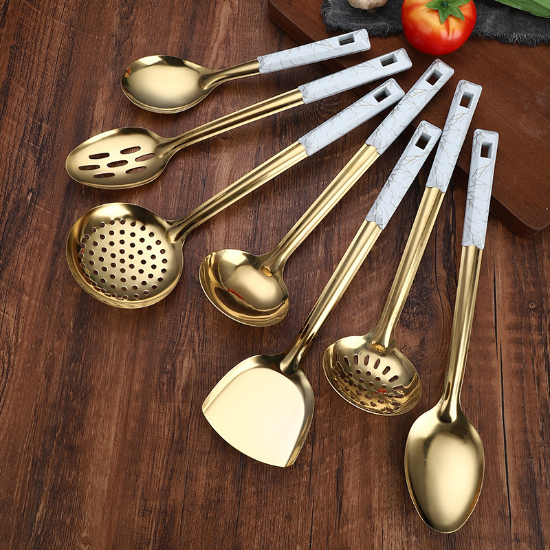 Elegant stainless steel kitchenware Household kitchen spatula frying  kitchenware Cooking Colander soup spoon 7pcs set