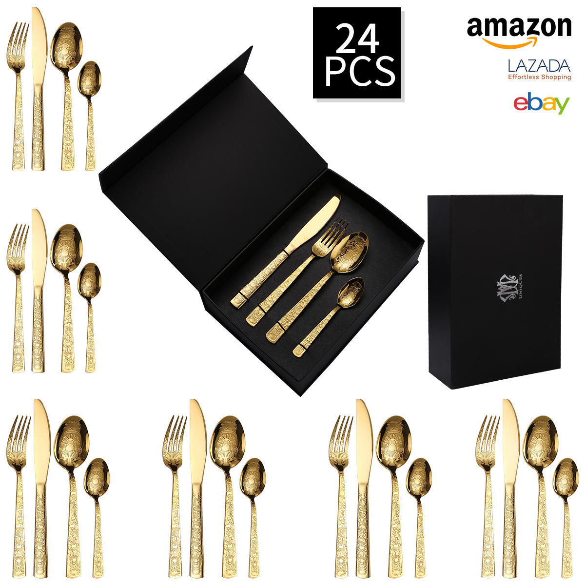 Luxury high quality stainless steel dessert spoon fork set knife matt black gold cutlery set 12 people 24pcs holder for wedding