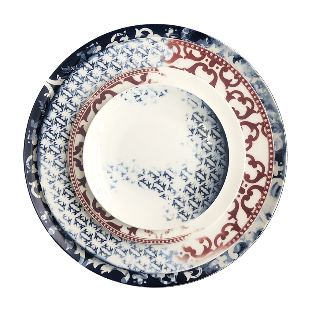 elegant printing charger plate bone china blue and red dinnerware set plates