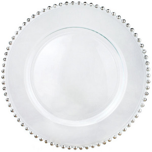 Wholesale Cheap Gold Silver Beaded Edge Clear Glass Charger Plate