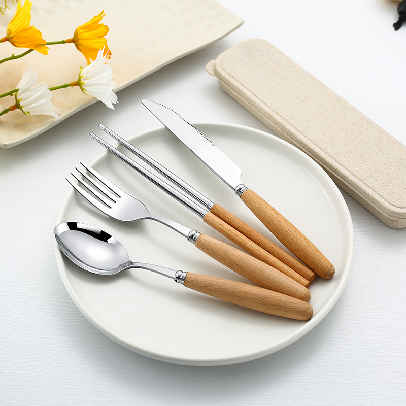 Eco Friendly Stainless Steel Flatware Travel Set Cutlery Wooden Handle Spoon Fork Chopstick Set with Wheat Case