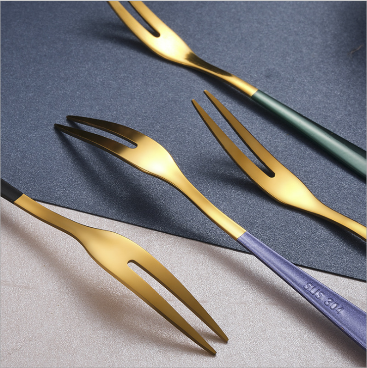 Customized Luxury Gold Colorful Handle Mini Fruit Fork Set Stainless Steel 304 Reusable Dessert Cake Fruit Fork for Gift