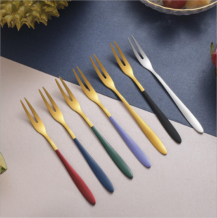 Customized Luxury Gold Colorful Handle Mini Fruit Fork Set Stainless Steel 304 Reusable Dessert Cake Fruit Fork for Gift