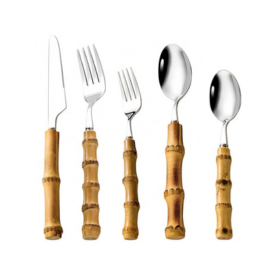 Wholesale Eco Friendly Spoons And Fork Stainless Silverware Flatware 304 Stainless Steel Bamboo Handle Cutlery