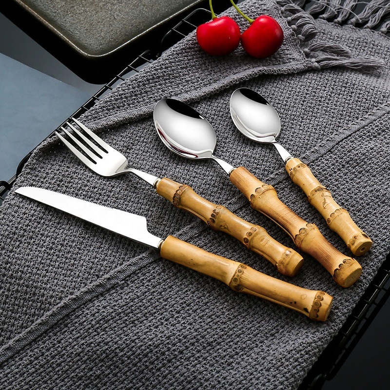 Wholesale Eco Friendly Spoons And Fork Stainless Silverware Flatware 304 Stainless Steel Bamboo Handle Cutlery