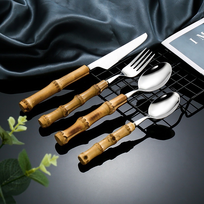 Wholesale Eco Friendly Spoons And Fork Stainless Silverware Flatware 304 Stainless Steel Bamboo Handle Cutlery