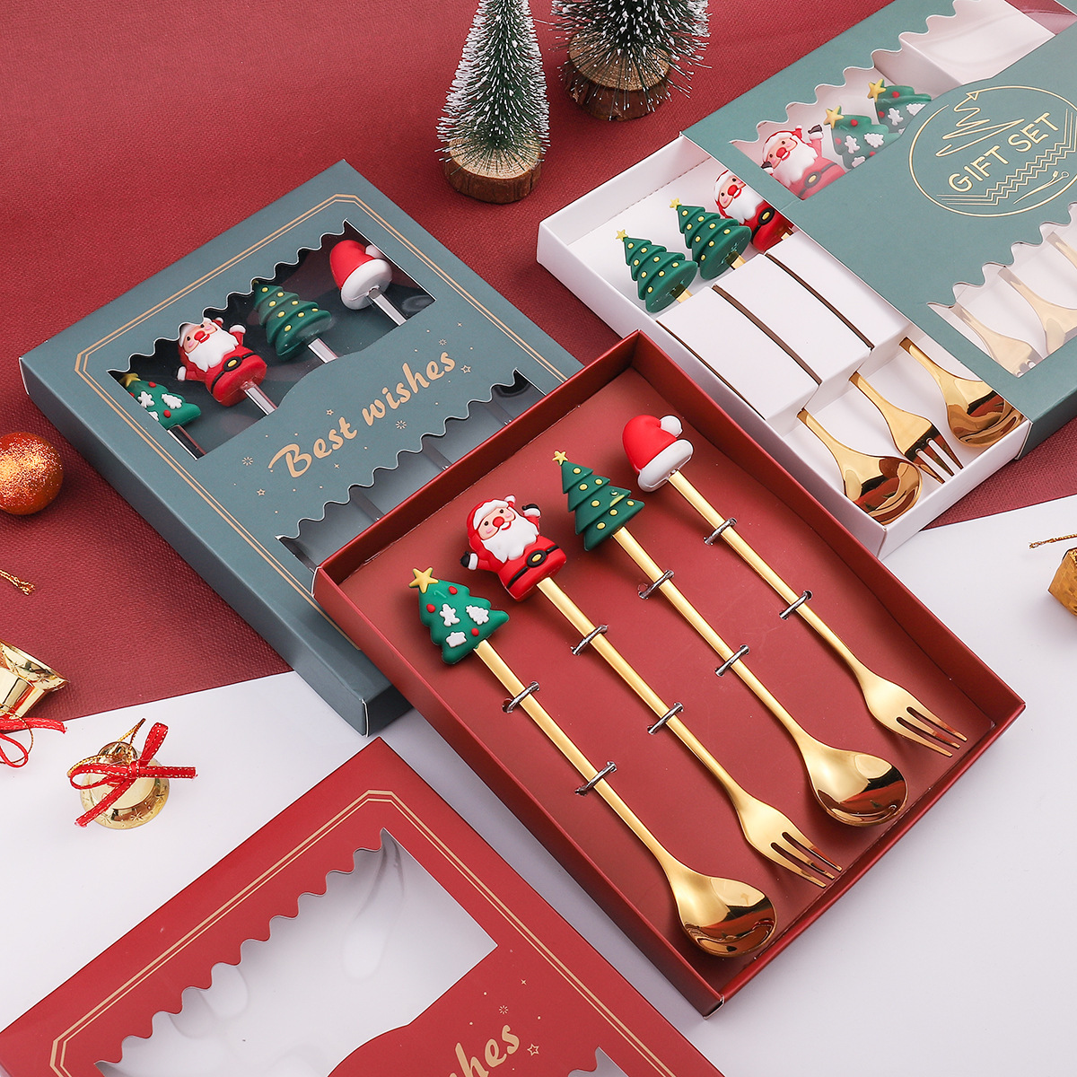 Christmas Gift Teaspoon Decoration Handle Stainless Steel 4pcs Christmas Tea Coffee Spoon Set with Gift Box