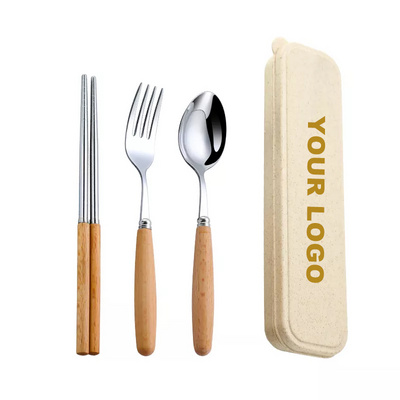 Eco Friendly Stainless Steel Flatware Travel Set Cutlery Wooden Handle Spoon Fork Chopstick Set with Wheat Case