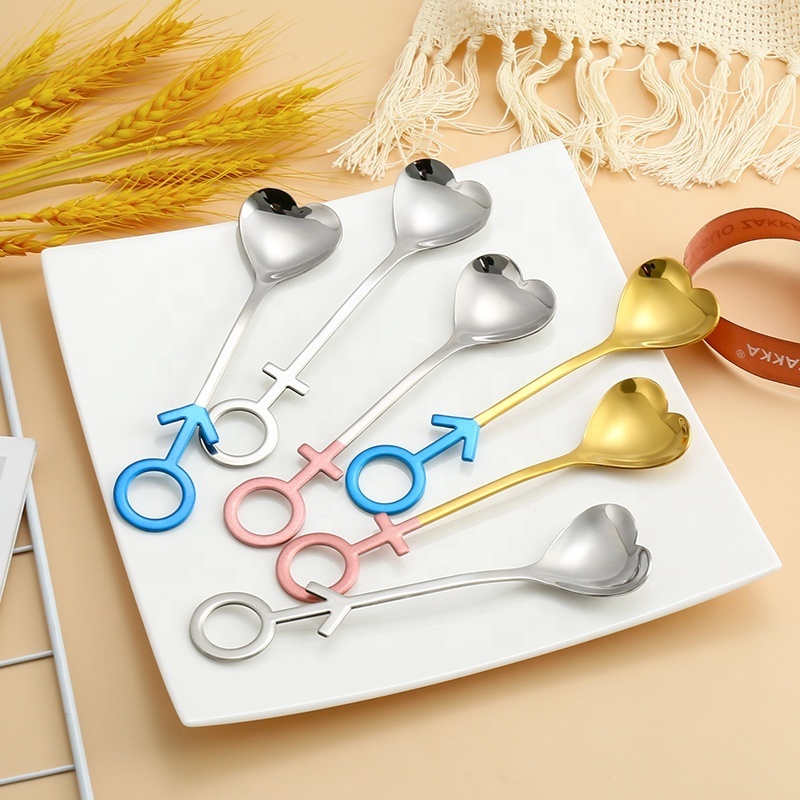 Cute Couple Pink Blue Stainless Spoon 2pcs Gold Spoons Set Heart Dessert Spoon with Gift Box For Wedding