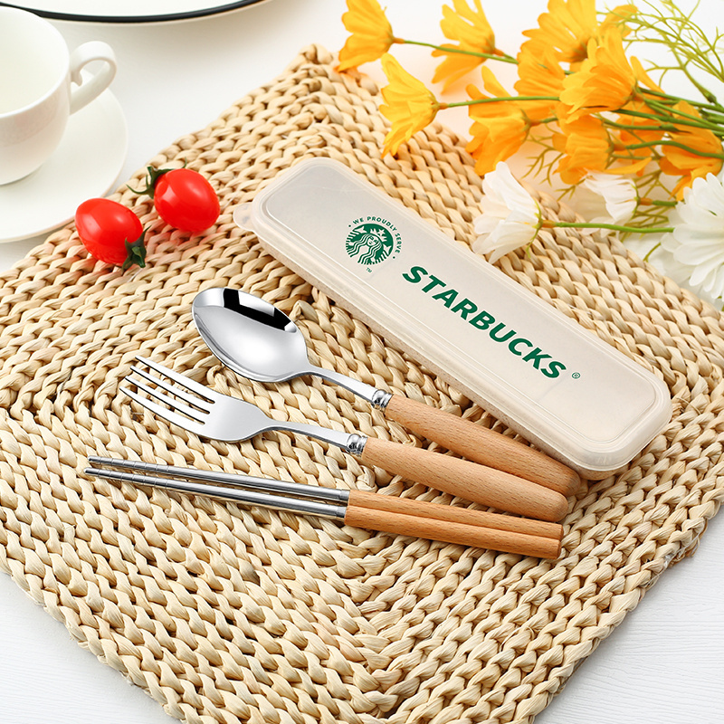 Eco Friendly Stainless Steel Flatware Travel Set Cutlery Wooden Handle Spoon Fork Chopstick Set with Wheat Case