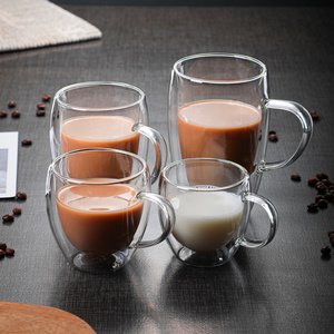 Wholesale Clear Borosilicate Glass Handgrip Tea Coffee Cup Espresso Mugs Double Wall Glass Cup With Bamboo Lid