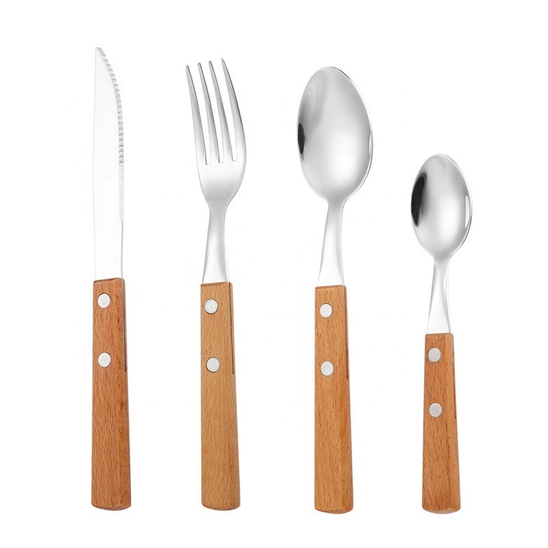 304 stainless steel silver restaurant hotel spoon fork flatware set with wooden handle