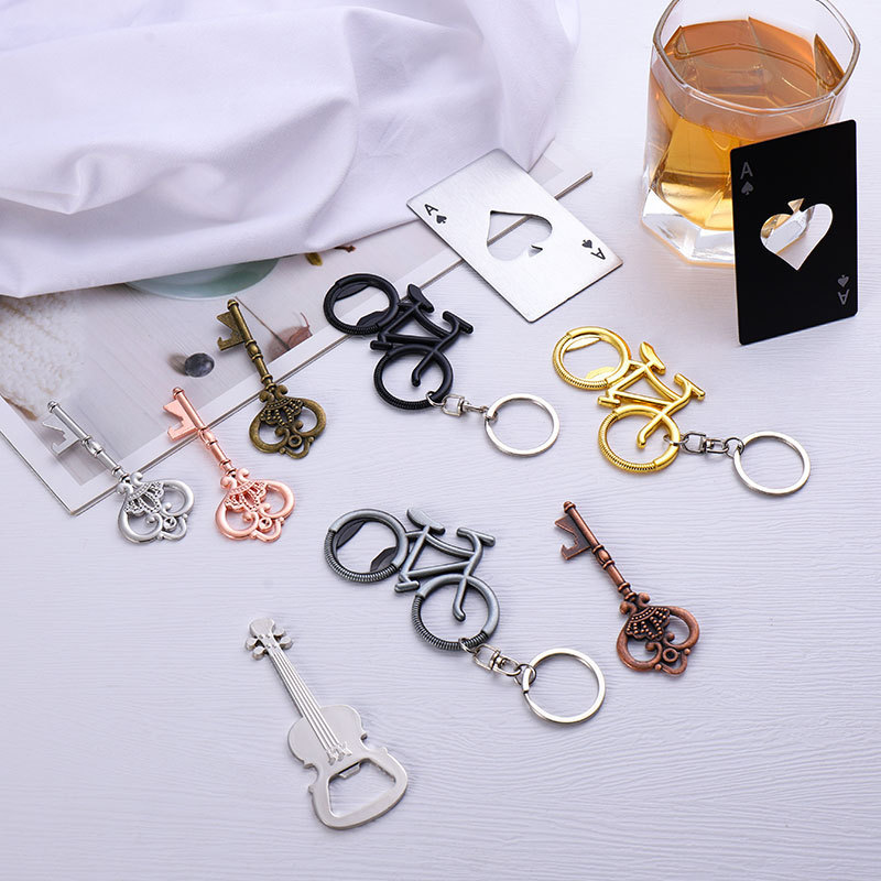 Creative Guitar Bike Poker Key Design Metal Beer Bottle Opener Custom Logo Keychain Bottle Opener