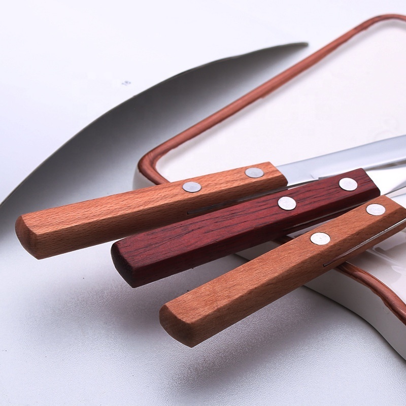 stainless steel steak knife and fork cutlery set with wooden handle