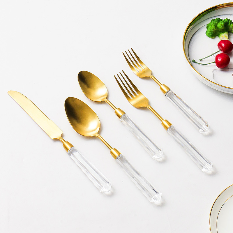 Bulk nordic luxury gold and silver acrylic handle flatware knife fork spoon stainless steel cutlery for gift