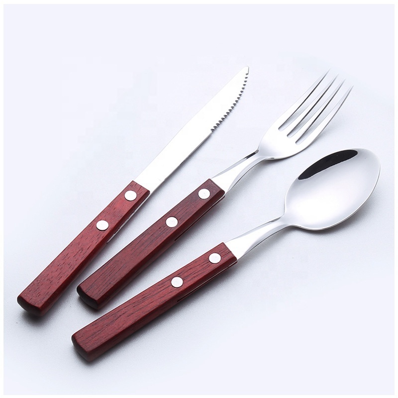 stainless steel steak knife and fork cutlery set with wooden handle