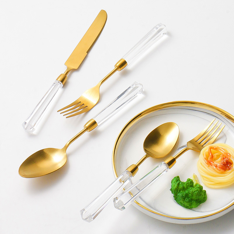 Bulk nordic luxury gold and silver acrylic handle flatware knife fork spoon stainless steel cutlery for gift