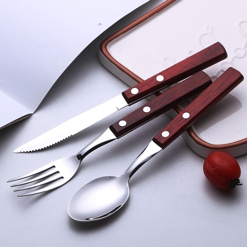 stainless steel steak knife and fork cutlery set with wooden handle