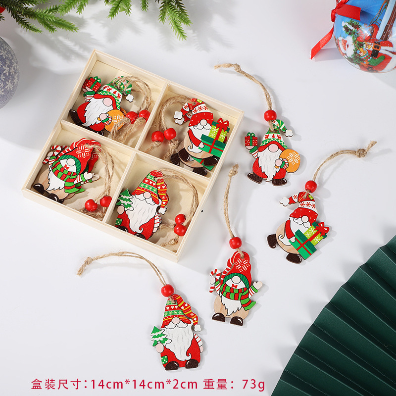 New Year Christmas Painted Wooden Pendant Santa & Christmas Tree 12 Boxed Decorations Silk Screen Printing Wholesale