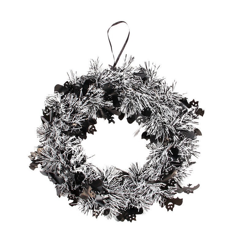 Silver Halloween Tinsel Wreath with Hanging Skeleton Heads and Bats for Christmas Garlands & Wreaths Decorations