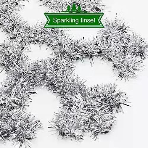 12-Inch Silver Tinsel Christmas Tree Ornaments Hanging Outdoor Party Decor Supplies with Plastic Xmas Wall Window Decorations