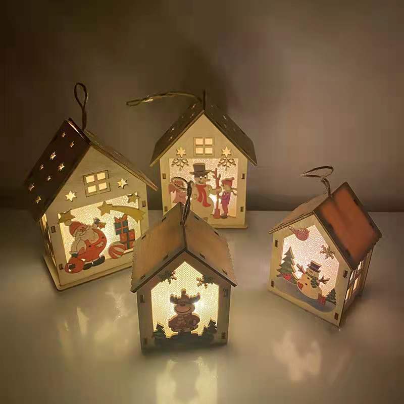 Miniature Christmas LED Light Wooden House Villa Ornaments Xmas Decorations including White Christmas Tree Made Cardboard