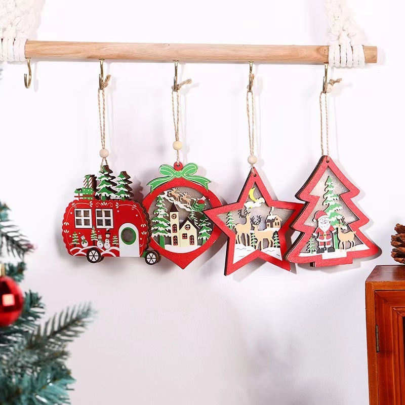 New-Style LED Wooden Christmas Tree Pendant Christmas Decorations with Silk Screen Printing for Home Shopping Mall Scene Layout