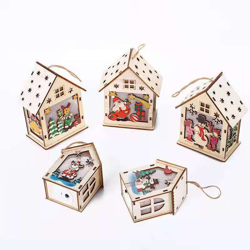 Miniature Christmas LED Light Wooden House Villa Ornaments Xmas Decorations including White Christmas Tree Made Cardboard