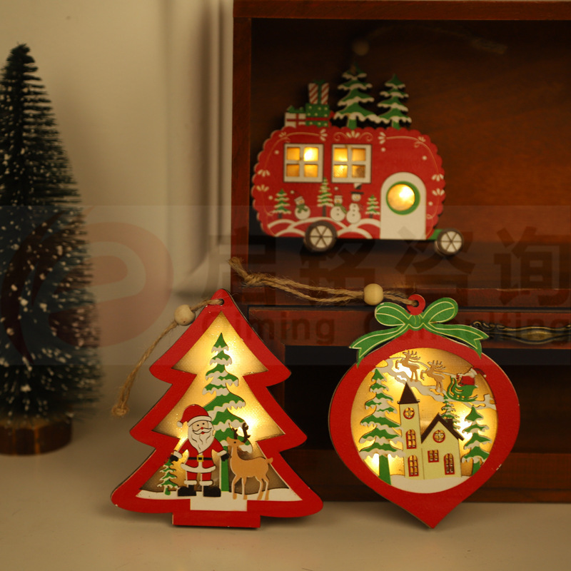 New-Style LED Wooden Christmas Tree Pendant Christmas Decorations with Silk Screen Printing for Home Shopping Mall Scene Layout