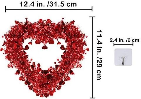 Red Valentine Heart Wreaths Tinsel Heart Shaped Wreaths with Foil Hearts Hanging Valentine's Day Wreaths Decorations