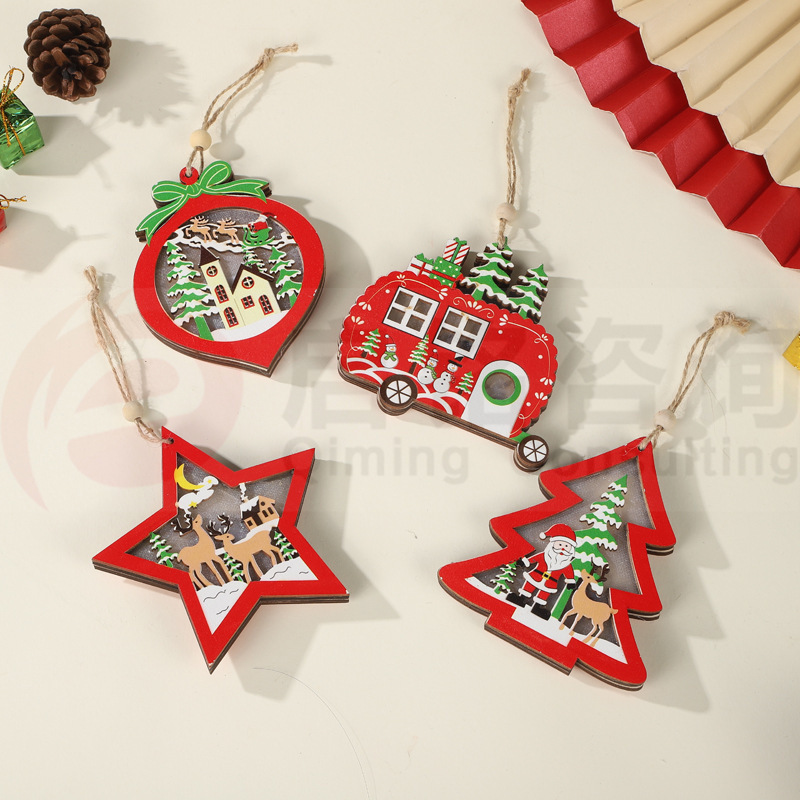 New-Style LED Wooden Christmas Tree Pendant Christmas Decorations with Silk Screen Printing for Home Shopping Mall Scene Layout