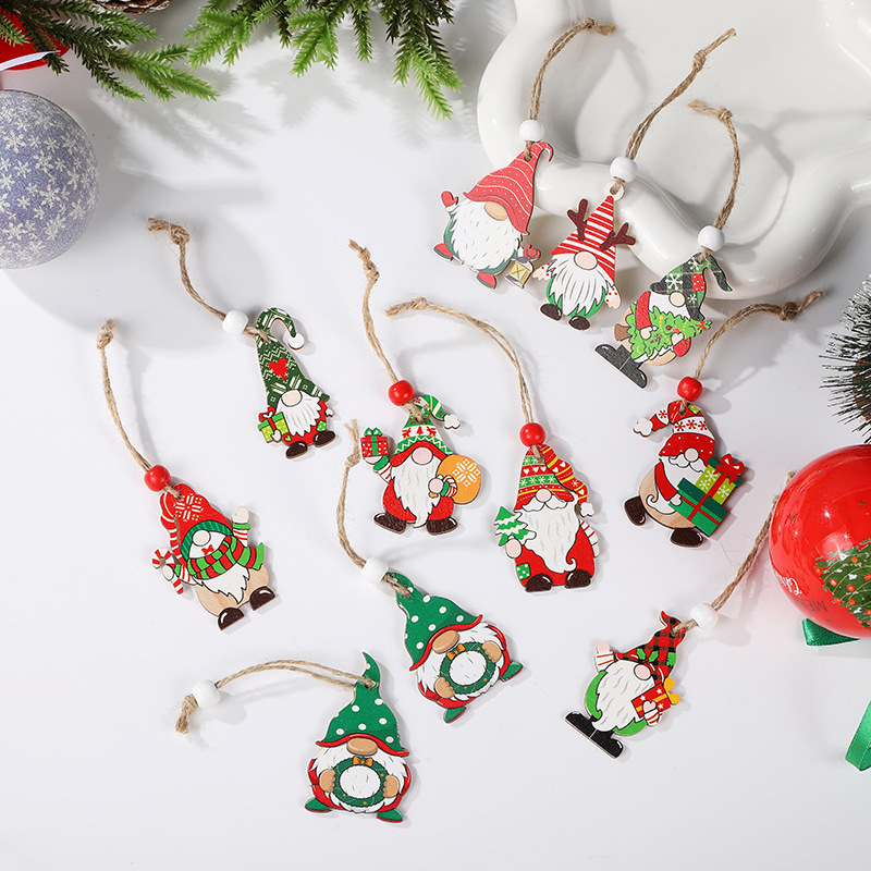 New Year Christmas Painted Wooden Pendant Santa & Christmas Tree 12 Boxed Decorations Silk Screen Printing Wholesale