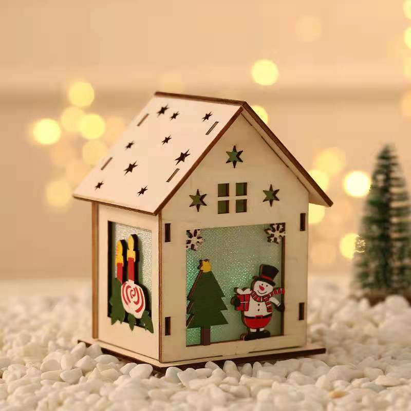 Miniature Christmas LED Light Wooden House Villa Ornaments Xmas Decorations including White Christmas Tree Made Cardboard