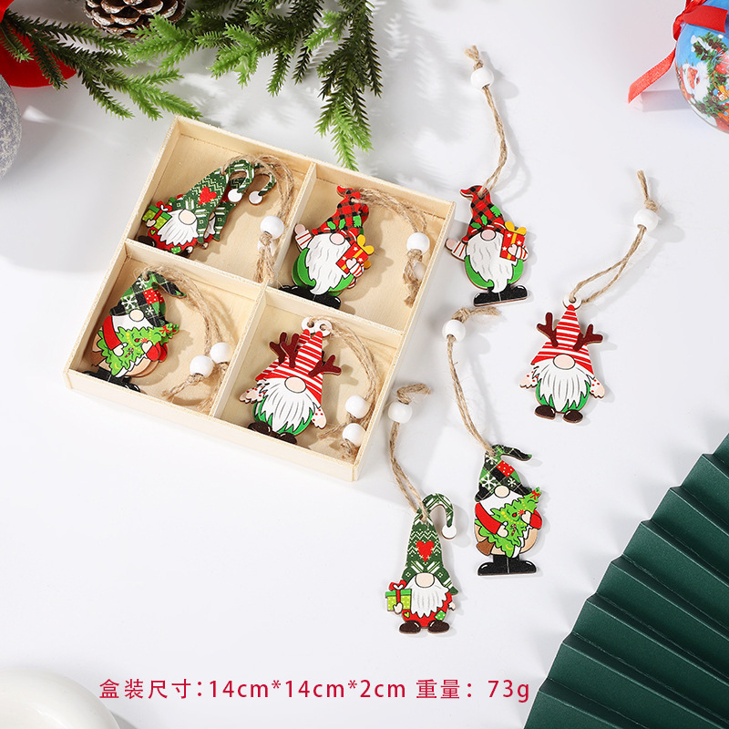 New Year Christmas Painted Wooden Pendant Santa & Christmas Tree 12 Boxed Decorations Silk Screen Printing Wholesale