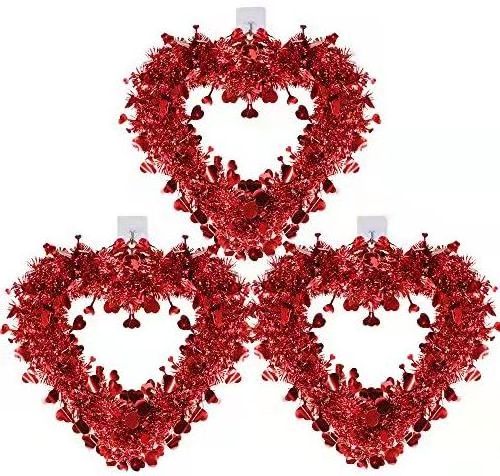 Red Valentine Heart Wreaths Tinsel Heart Shaped Wreaths with Foil Hearts Hanging Valentine's Day Wreaths Decorations