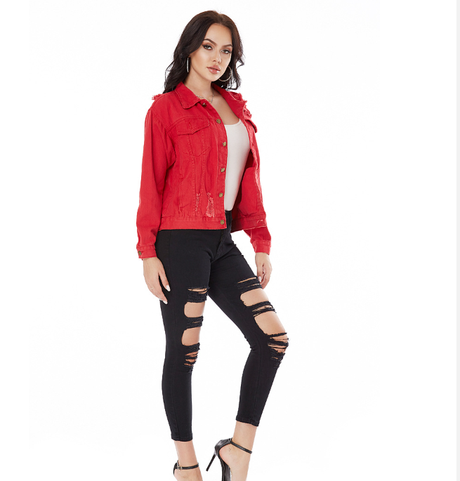 2023 New Fancy Women Denim Jaket Super Cropped Red Plain Jeans Jacket For Girl