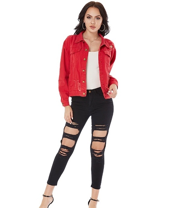 2023 New Fancy Women Denim Jaket Super Cropped Red Plain Jeans Jacket For Girl