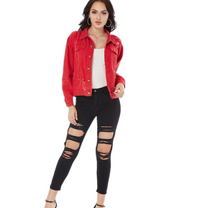 2023 New Fancy Women Denim Jaket Super Cropped Red Plain Jeans Jacket For Girl