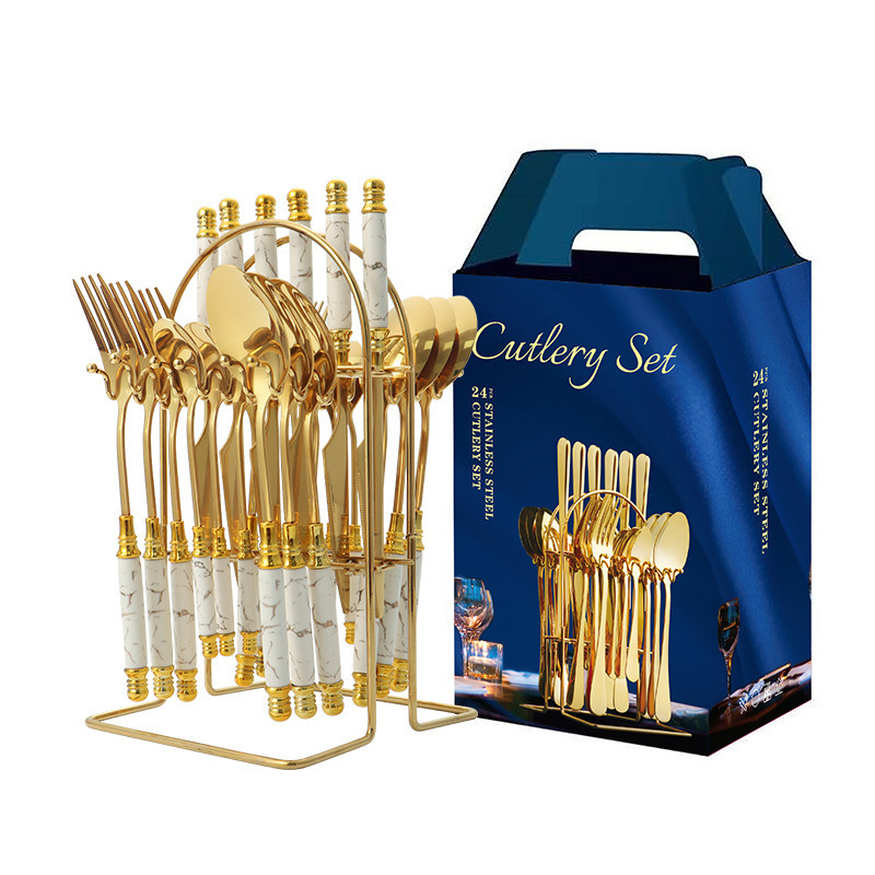 24pcs retro ceramic handle cutlery stainless steel flatware set with luxury holder