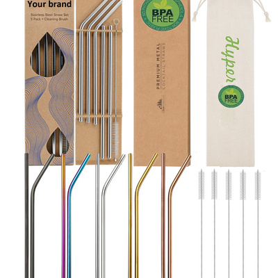 Eco Friendly Straight Bent Reusable 18/8 Stainless Steel Straw set Drinking Metal Straw