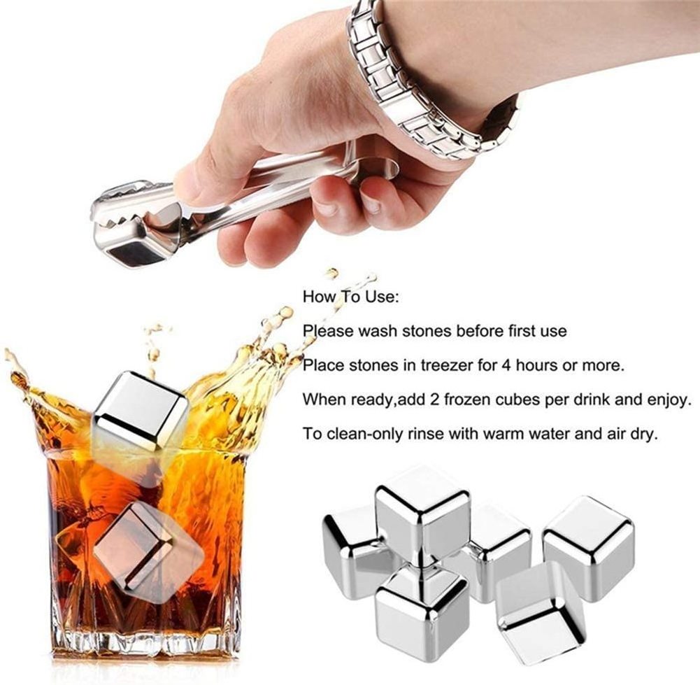 Gold Metal Reusable Ice Cubes Stainless Steel Bar Accessories Cocktail Ice Cube Whiskey Stones With Ice Tongs