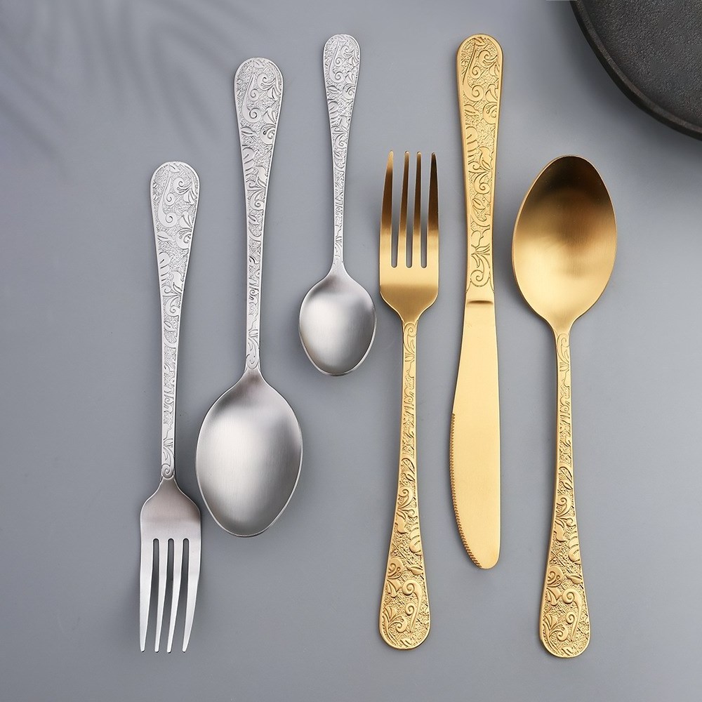 Knives Spoon and Forks Stainless Steel Hammered Sand Polished Cutlery Set Restaurant Wedding Gold Flatware