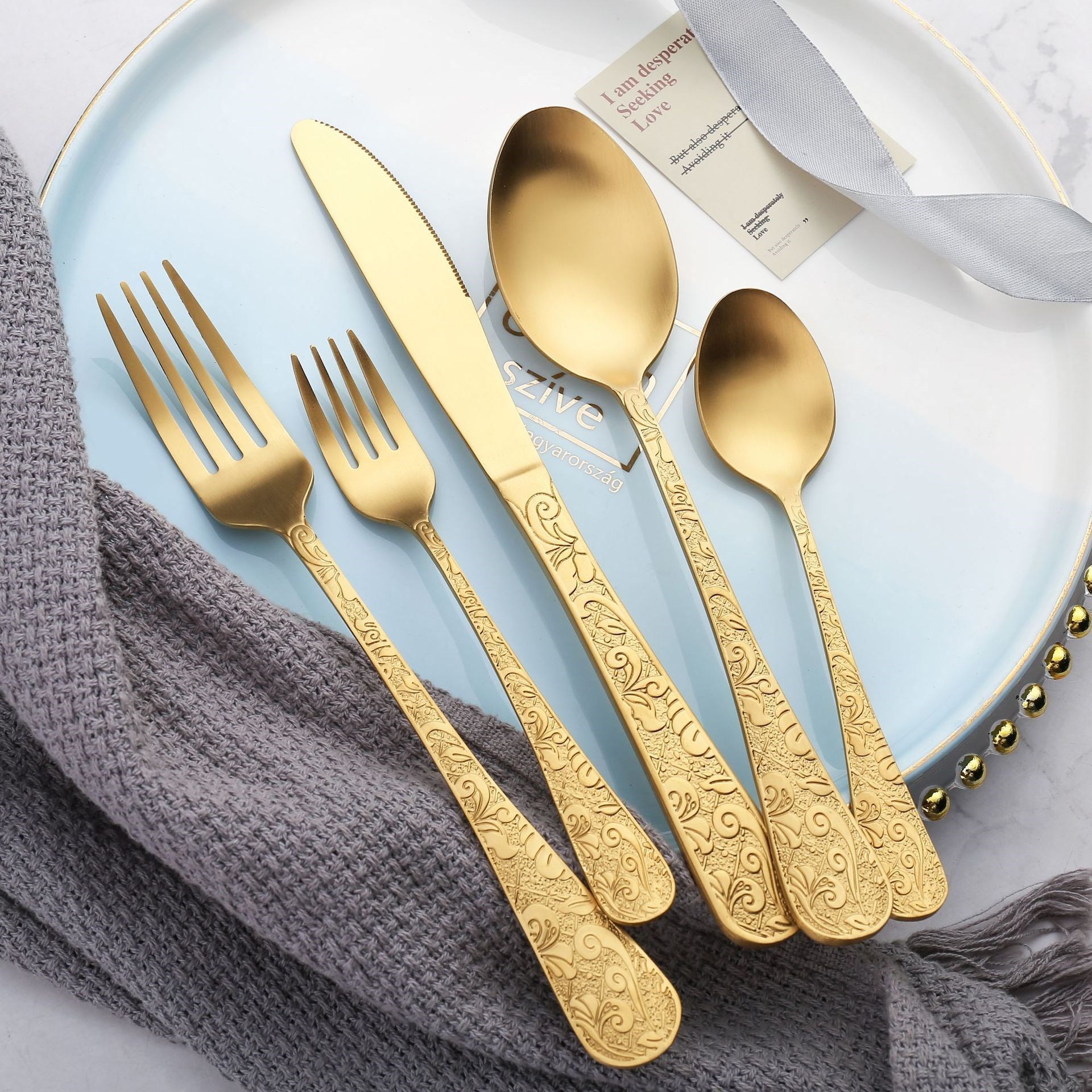 Knives Spoon and Forks Stainless Steel Hammered Sand Polished Cutlery Set Restaurant Wedding Gold Flatware