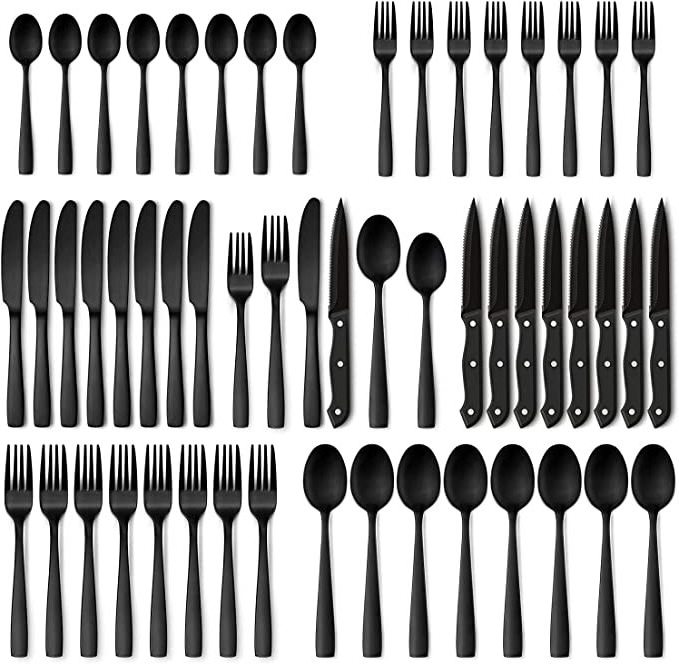 Black Flatware Set for 8  Stainless Steel Tableware Cutlery Set 48-Piece Matte Black Silverware Set with Steak Knives