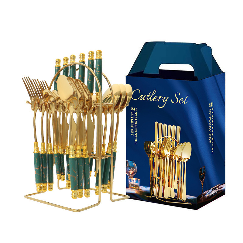 24pcs retro ceramic handle cutlery stainless steel flatware set with luxury holder