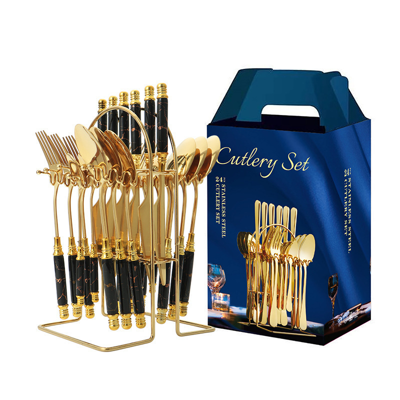 24pcs retro ceramic handle cutlery stainless steel flatware set with luxury holder