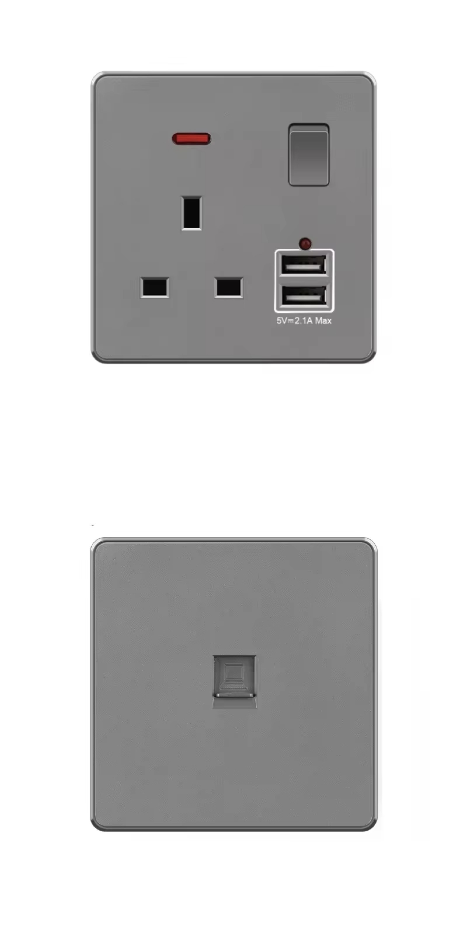 UK Standard 1Gang 3Way Electrical Switch Socket, Large Plate Grey Wall Switch with 13Amp USB C Socket, British African