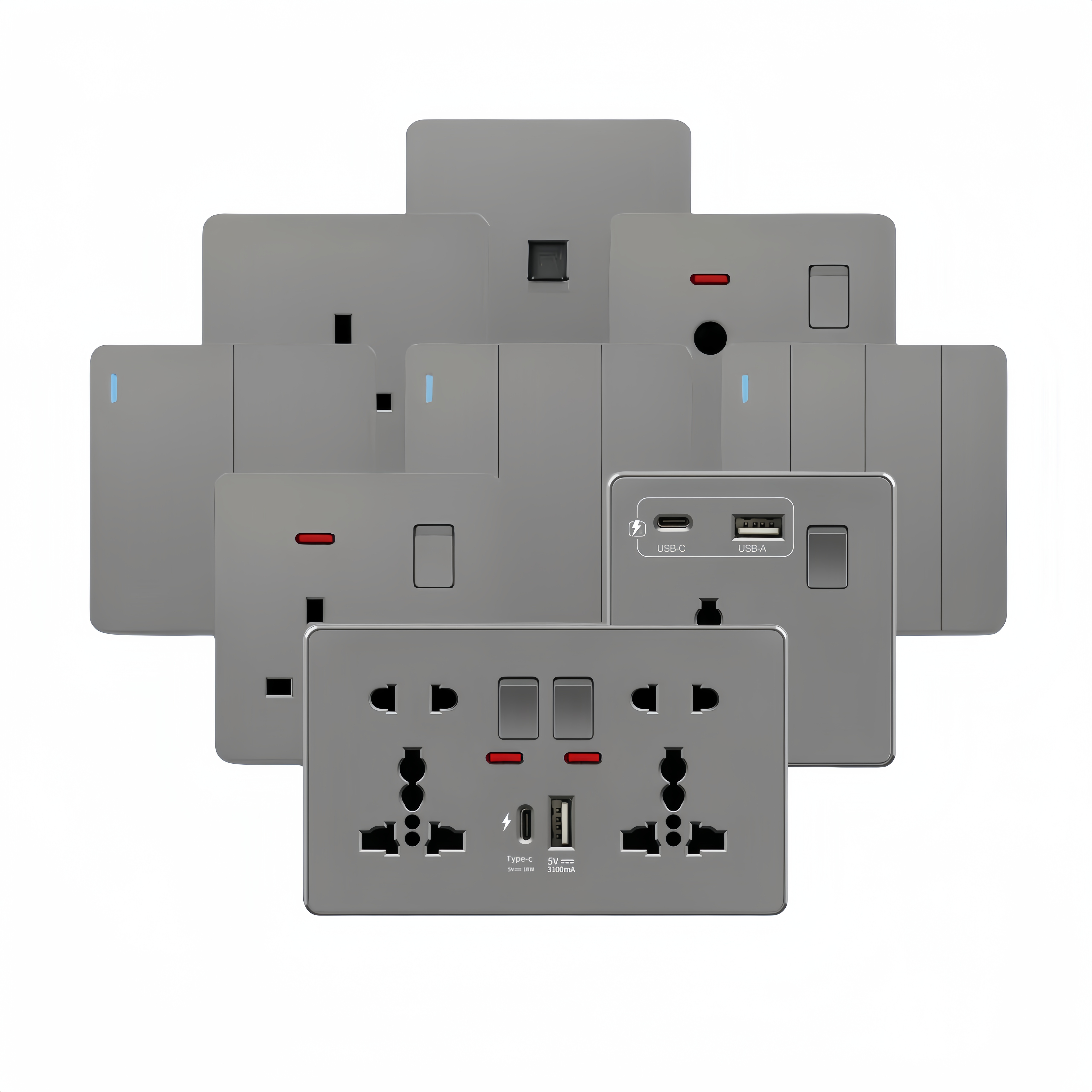 UK Standard 1Gang 3Way Electrical Switch Socket, Large Plate Grey Wall Switch with 13Amp USB C Socket, British African